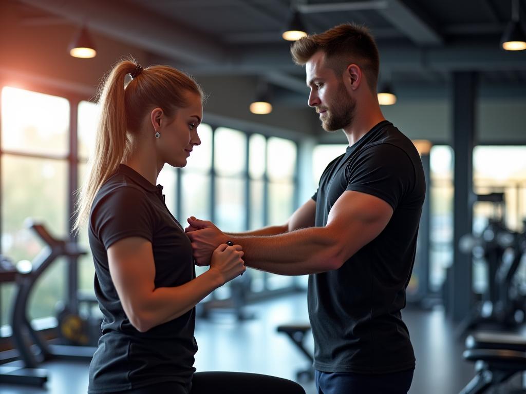 Professional personal trainer working with client in modern Manchester fitness studio