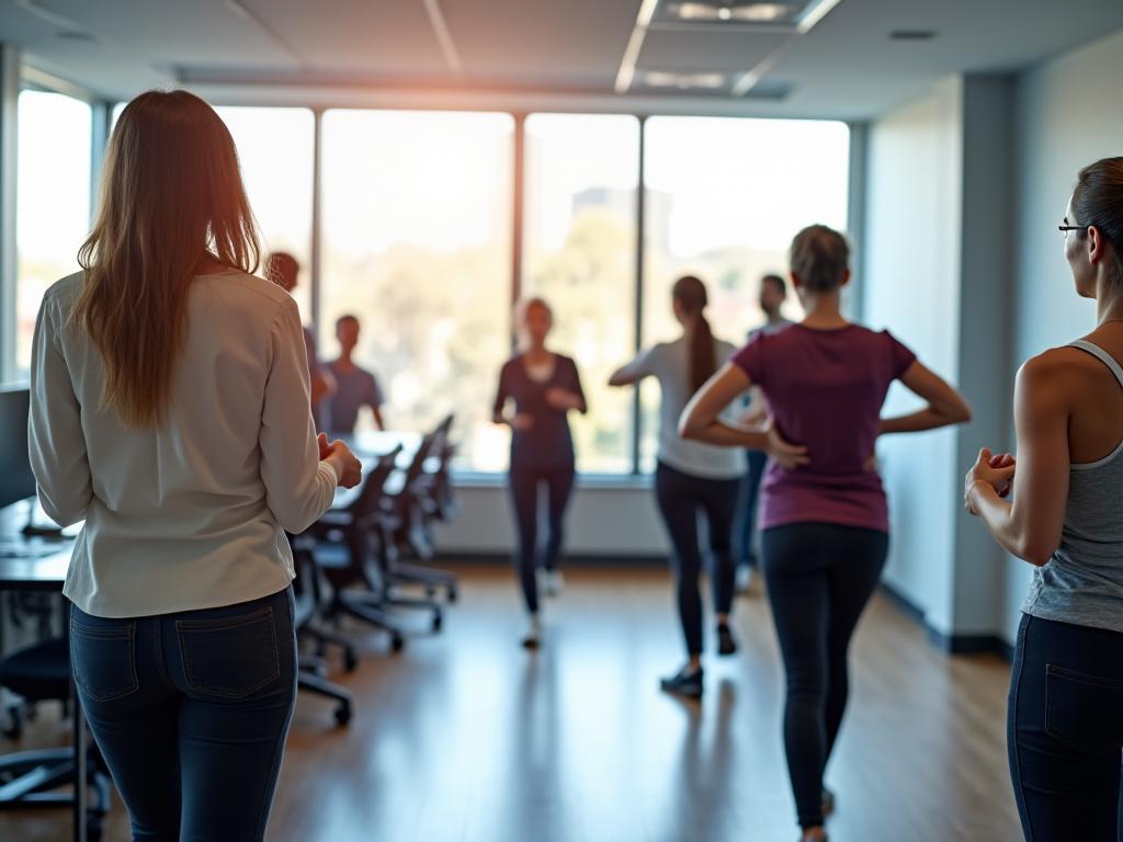 Corporate wellness program with employees participating in workplace fitness and wellness activities